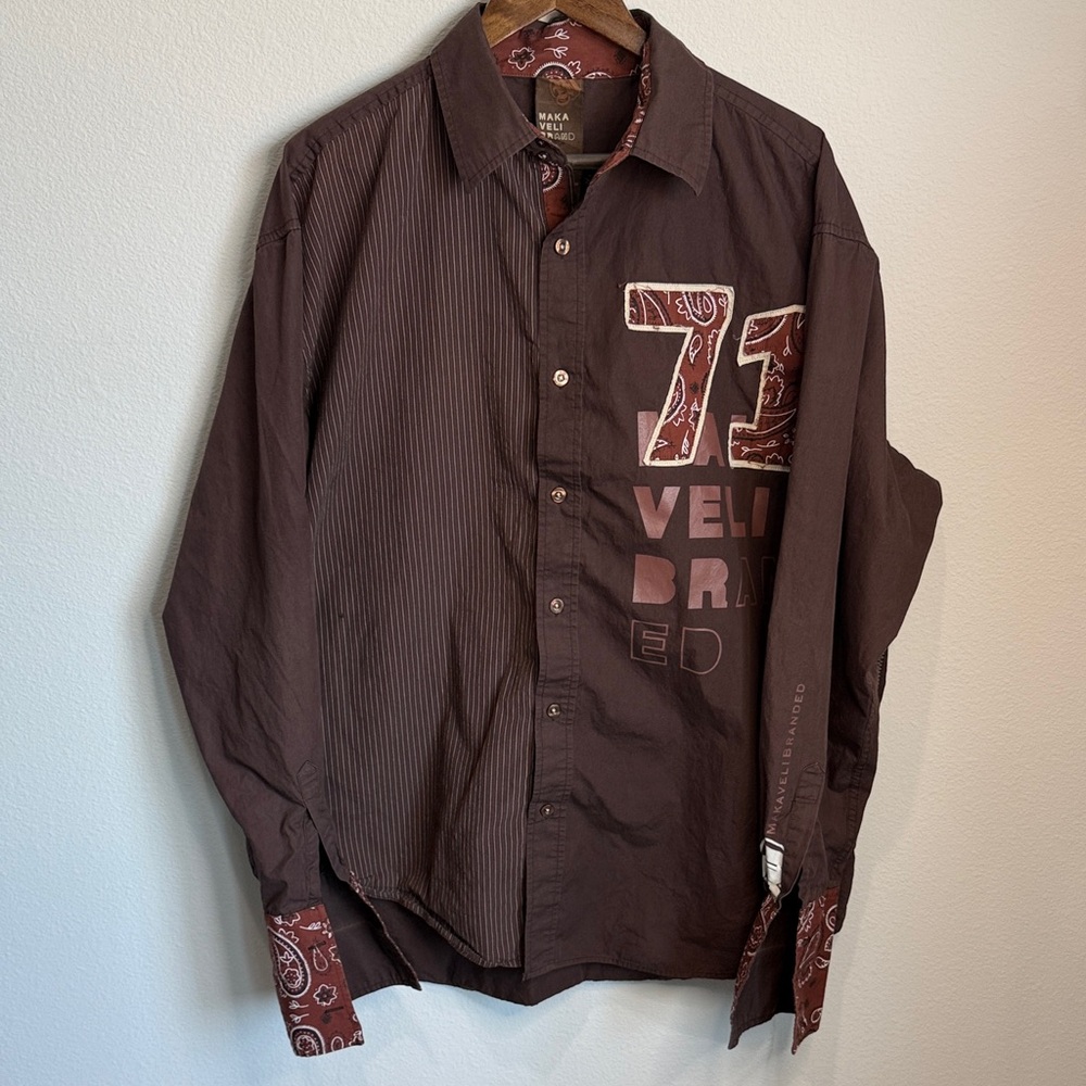 Makaveli Branded Brown and Paisley Vintage Y2K Button Up Shirt Size 2X